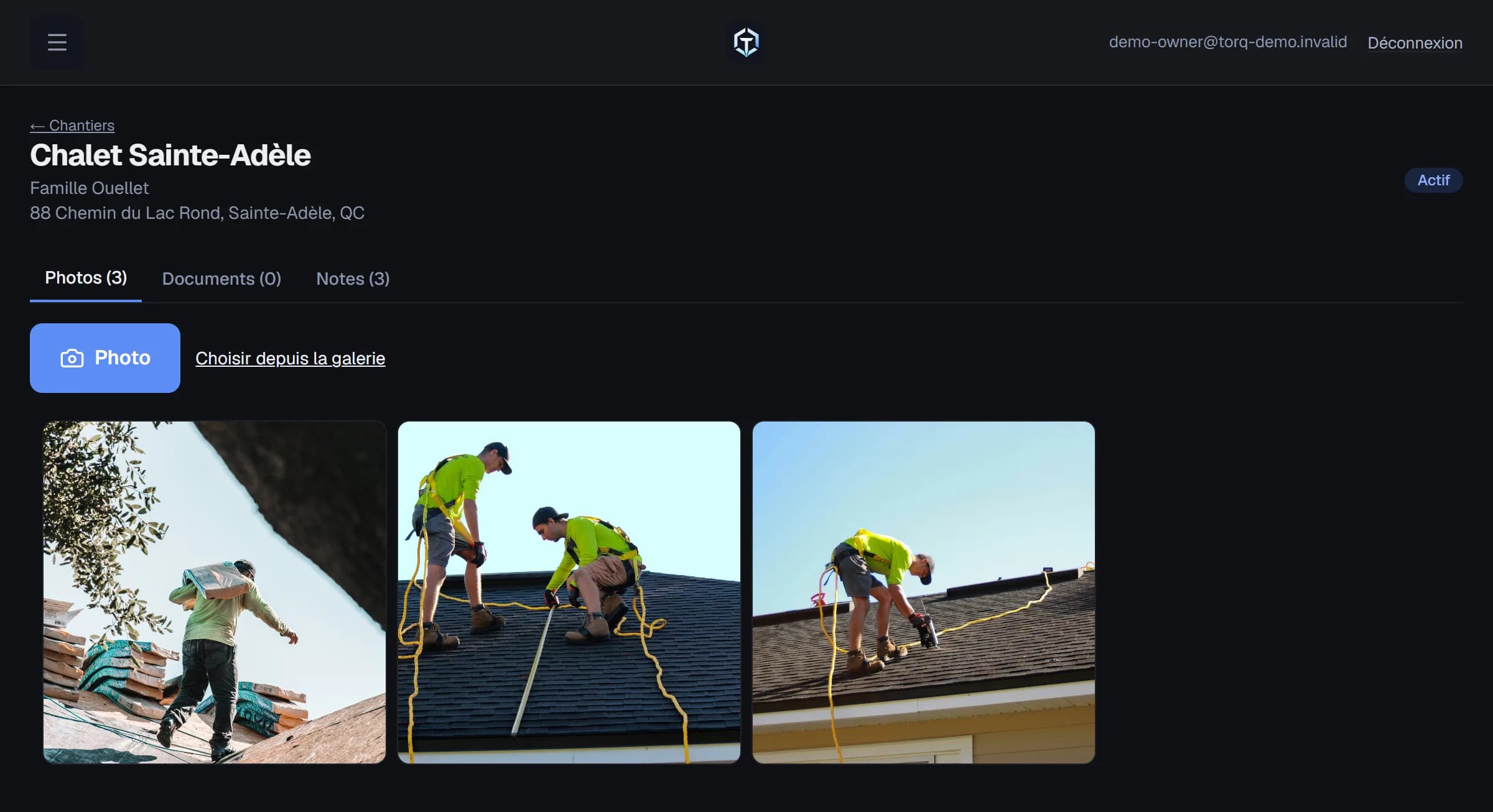 Le dossier d'un chantier dans TORQ : adresse, client, et la galerie de photos prises sur place par l'équipe.